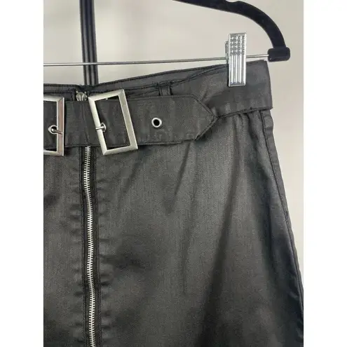 Amp Black Faux Leather Waxed Front Zip Goth Punk Mini Skirt With Belt Size L Size L