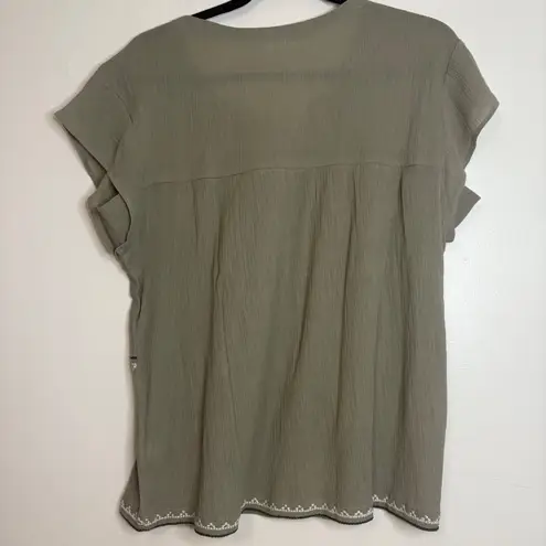 Garnet Hill Embroidered Top Organic Cotton Green Boho Peasant Style M