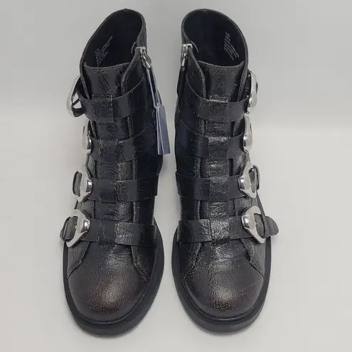 Aerosoles Gavyn Multi Buckle Biker Ankle Booties Crackled Black Leather Size 8.5