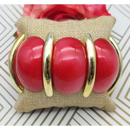 Lot of 3 Acrylic Statement Bracelets Stretch Wide Gold Tone Trim Blue Black Red