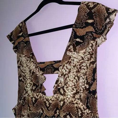 River Island Size 12 Snake Print Maxi Dress Brown Double V Ruffle Sundress