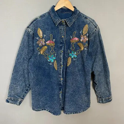 Vintage 80s Acid Wash Denim Shirt Sequins Embellished Women Floral Blue Funky Size L