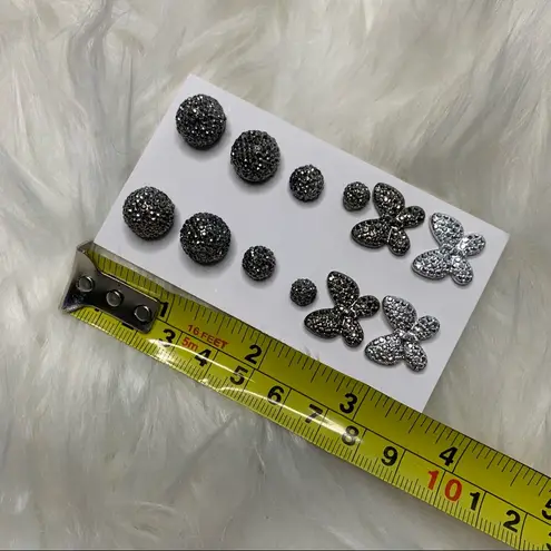 6 Butterfly & Ball Stud Earrings Dark Silver // Lot, Bundle, Set