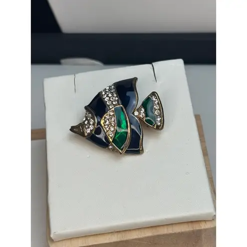 Vintage Rhinestone & Enamel Fish Brooch Pin Green