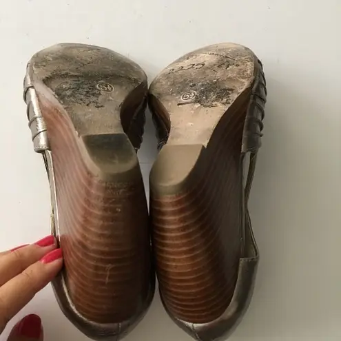 Seychelles Anthropologie Silver Metallic Peep Toe Wedge Heels Cutout Wom…