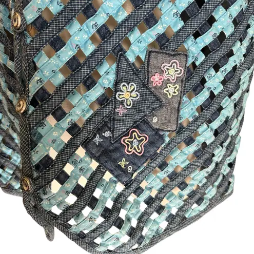 NAPA VALLEY Denim Vest SZ 1X Mixed Media Patches Open Weave Embroidery Western Blue