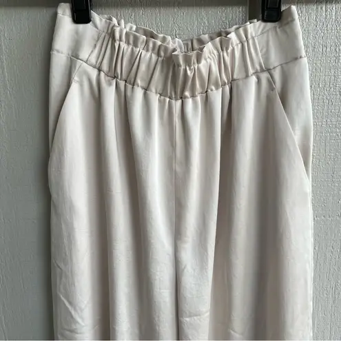 Claudie Pierlot Wide Leg Trousers Pants with Smocked Waist Band Satin Beige 38 Gold Size 6