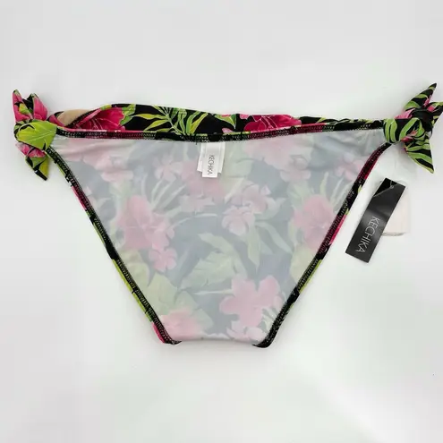 NEW Kechika Floral Bikini Bottoms Side Tie Black Hot Pink Hibiscus Green Size 12