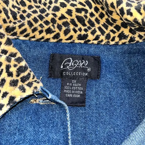 Vintage AGAPO Leopard Collar Denim Jacket with velvety Patchwork back Blue Size 1X