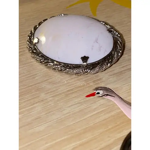 Oval Brooch Pin Silver Tone White Howlite Stone Cabochon Twisted Rope Edge