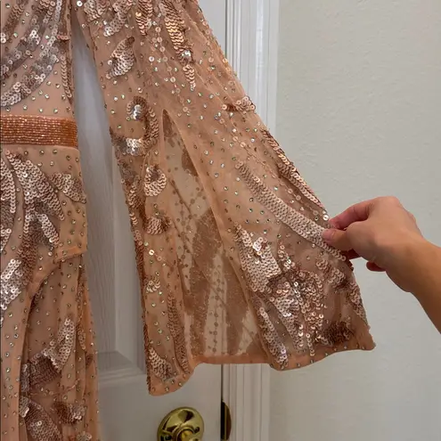 Mac Duggal NWT 5222 Rose Gold Sequined Faux Wrap Split Long Sleeve Gown Size 8