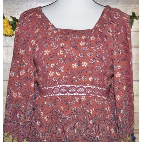 Angie Cute Dress Women’s Size L Floral Boho Puff Bell Sleeve Midi Smocked Lace