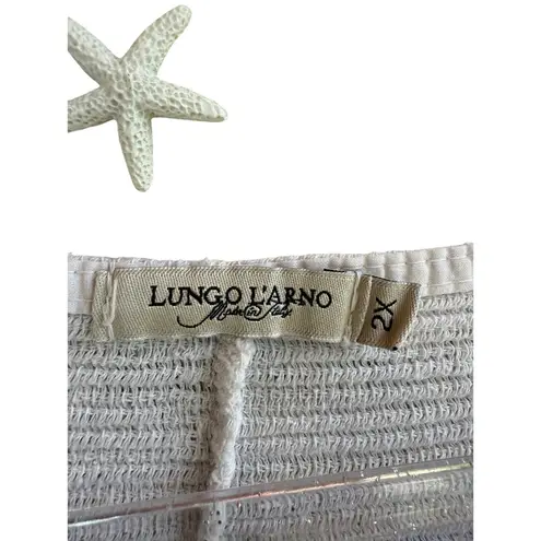 LUNGO L’ARNO Italian Linen Top Women 2X White Blue Floral 100% Linen Beachy