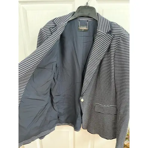 T Tahari Blazer Size 8 Navy Striped Notched Lapel Jacket Pearl Buttons NEW