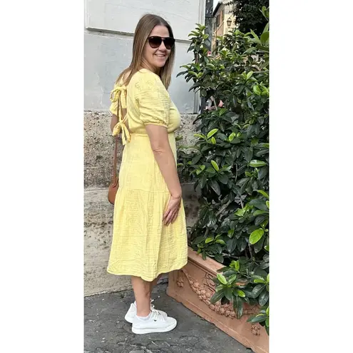 LOVE WHIT Yellow 100% Cotton Tie Back Crewneck Short Sleeve Flowy Midi Dress S