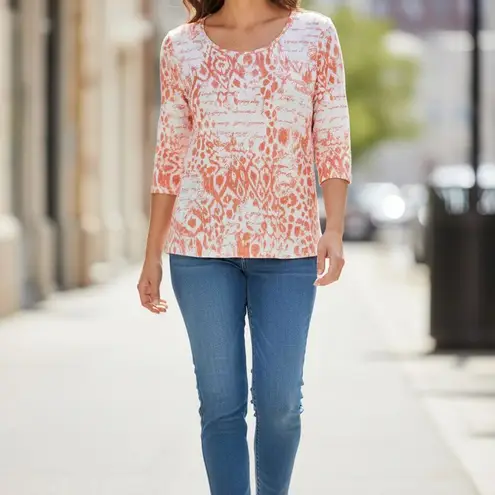 Women's Ruby Rd Top Shirt Large Blouse Orange & White Design Cotton/Spandex