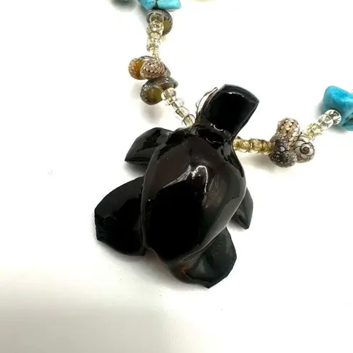Turquoise and shell wood turtle long pendant necklace