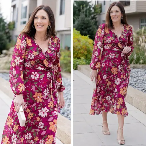 Maggy London Desert Bloom Floral Long Sleeve A-line Dress In Wine Ruffle Trim 2