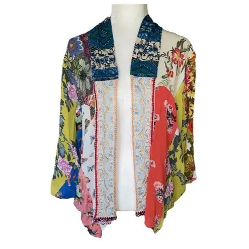 Vincente Cardigan Womens Medium Patchwork Kimono Bohemian Floral Embroidered Blue