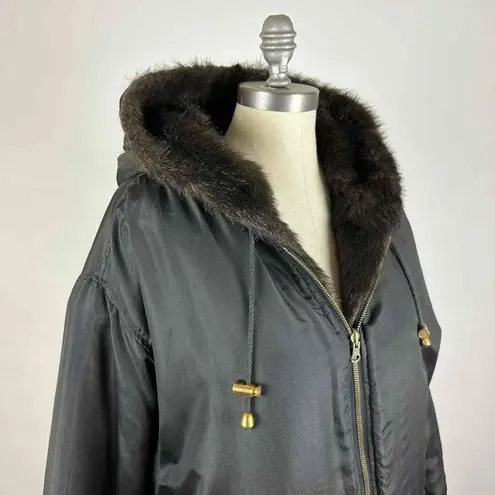Charles Klein Hooded Reversible Faux Fur / Silk Coat Size 3X Black