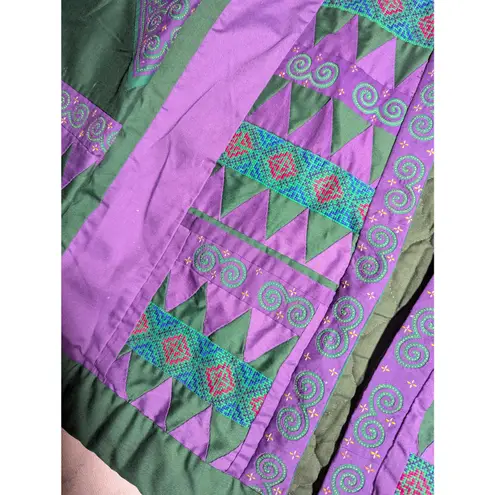 Vtg 1990s Green Purple Handmade Geometric Quilted Open Front Jacket Sz L Size L