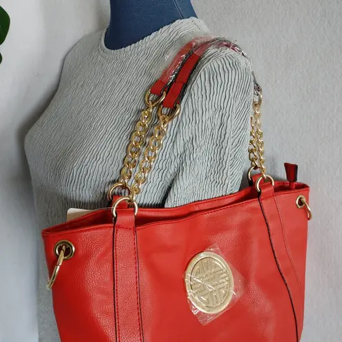 Red with Gold Chain Tote Shoulder Bag Purse