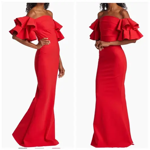 Chiara Boni La Petite Robe Pavarti Off Shoulder Gown Passion Red Size 14 NWT