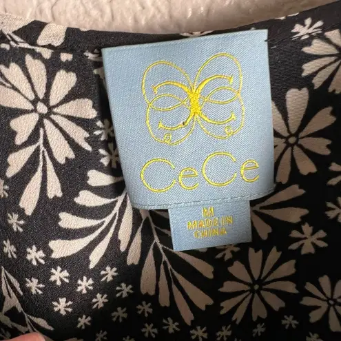 CeCe Black White Floral Print Wide Leg Sleeveless Jumpsuit Size M