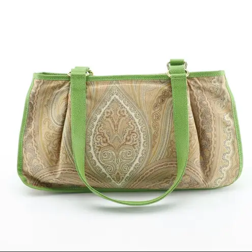 ETRO GREEN FAUX LEATHER TRIM W/TAN & GRAY COTTON PAISLEY PRINT BODY SATCHEL BAG
