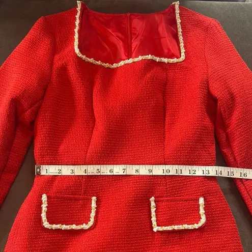 Women’s Short Red Dress Square Neck Faux Pearl