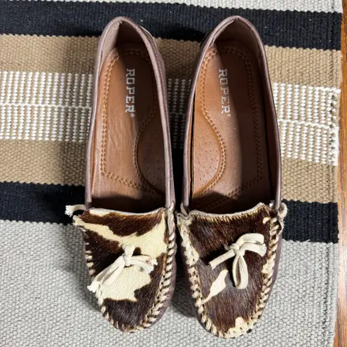 Roper Moccasins Women 9 Brown Lilly Cow Print Western Cowgirl Leather Shoes Prep