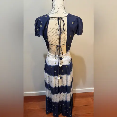 GOA Paris Blue & White Asymmetric Hem V Neck Midi Dress Floaty Fairycore Sz M Size M