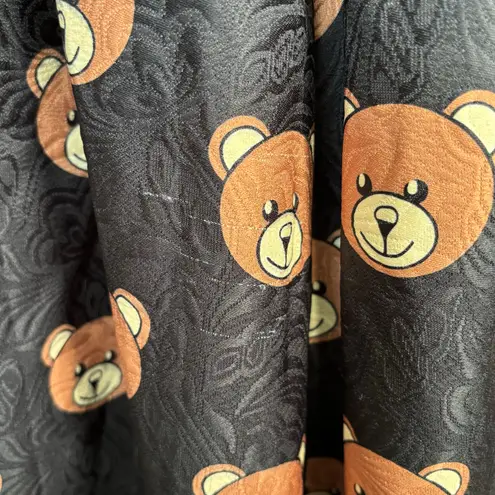 Saferin Teddy Bear Print Black Jacquard Pleated Midi Skirt Kawaii Harajuku Retro Size M