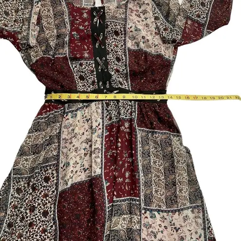 Hommage Women's Patchwork Long Sleeve Mini Dress Size Medium Red Black Tan