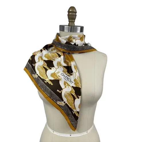Givenchy VTG Mob Wife Silk Scarf France Brown Gold Bird Gull Design 30" Square