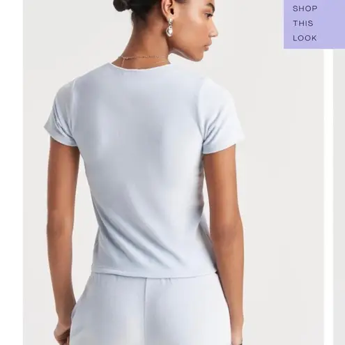 Cale Nina Light Blue Velour Velvet Crew Neck Short Sleeve Crop Tee T