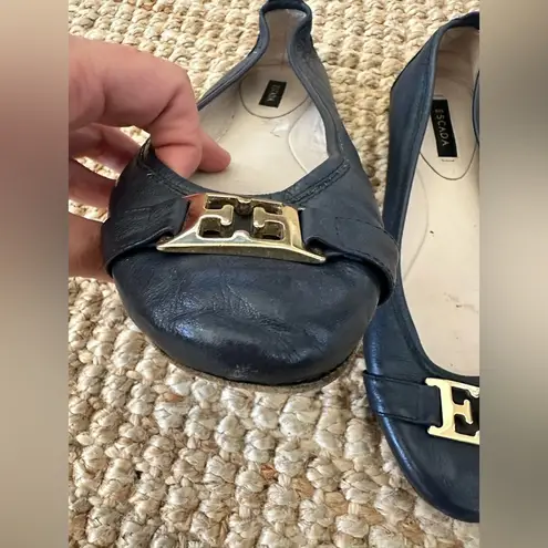 Escada Blue and Gold Flats with Elegant Gold Embellishment Size 39