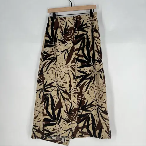 Marla Kim Linen Cotton Wrap Maxi Skirt Brown Black Leaf Print Boho Size L Size L