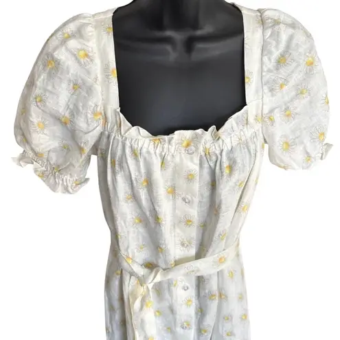 Sleeper NWT  Brigitte Floral Midi Dress Sz S 100% Linen White Yellow Daisies - Image 2