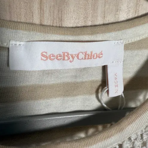 See By Chloe Short Sleeve Fringe Top Cream Stripe Tassels Size Large