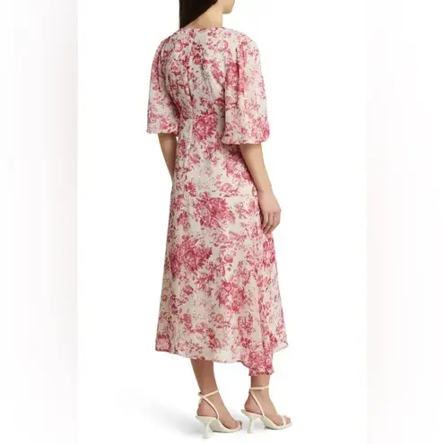 Chelsea28 Forget Me Not Floral Print Puff Sleeve Midi Dress in Beige and Pink
