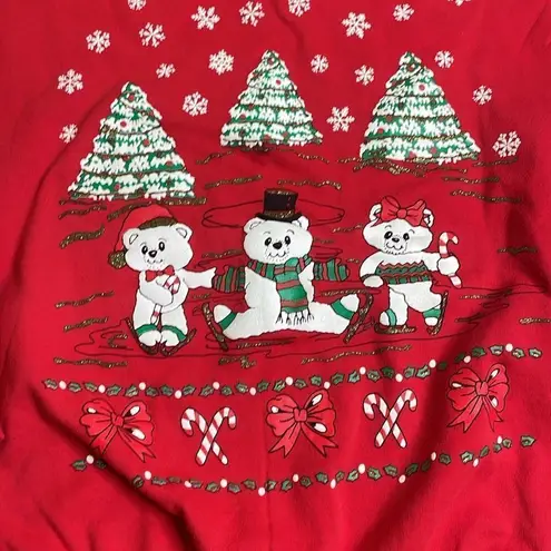 90s Vintage Christmas Bear Puff Print Crew Neck Sweatshirt Red XL