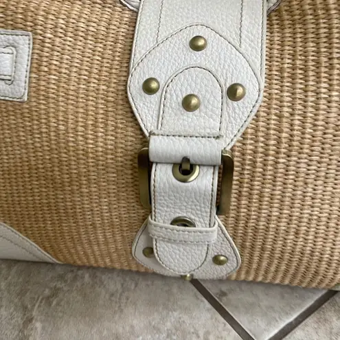 Rafe Woven Straw Hobo Bag White Leather Trim Studded Accents Cute Chic Purse Tan