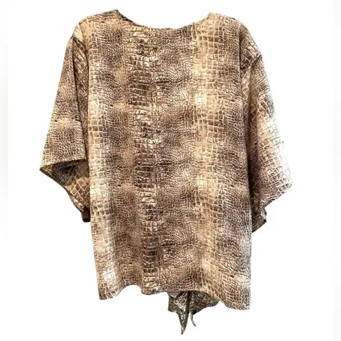 ee:some  Alligator Print Lightweight Short Sleeve Tie Front Wrap Top Brown Large