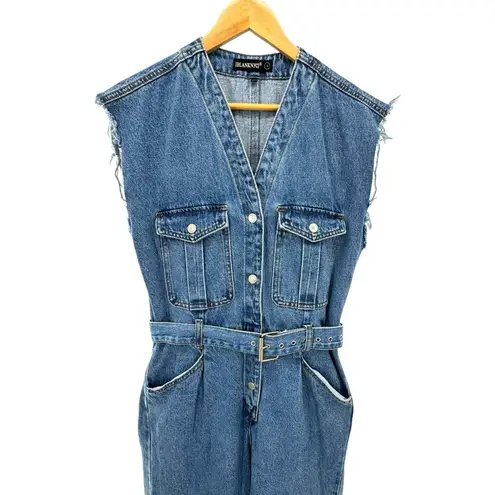 Blank NYC Denim Jumpsuit SMALL Relaxed Fit Belted Cropped Raw Straight Leg Blue