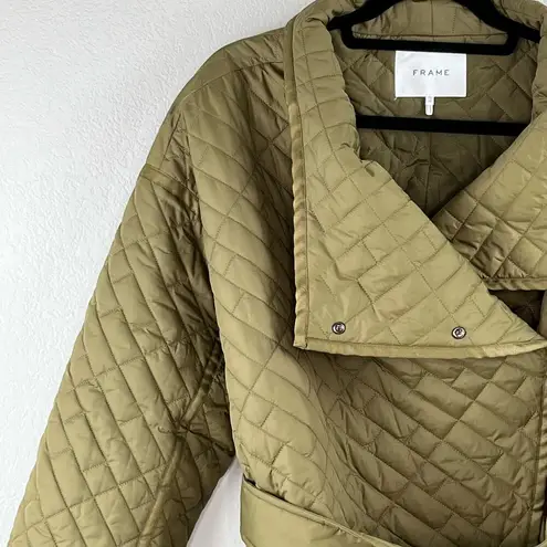 Frame  Quilted Drape Neck Nylon Belted Olive Green Oversized Jacket Size XS