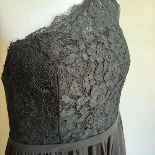 Azazie Demi Black A-Line Lace One Shoulder Chiffon Dress Womens M C Bridesmaid