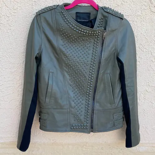 Nour Hammour Erin army green studded leather Biker jacket size FR 36 US 2 4 XS S