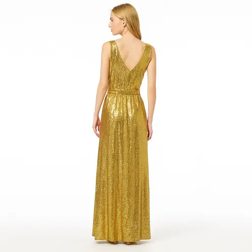Kate Kasin Bright Gold Sequin Maxi Gown XS Elegant Formal Evening Dress Deep V