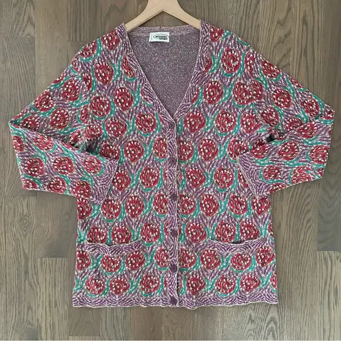 Missoni Vintage Sport Rose Print V-Neck Knit Cardigan Red, Beige, Purple Medium